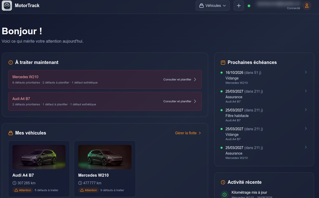Tableau de bord MotorTrack : véhicules nécessitant une action, prochaines échéances et flotte du compte